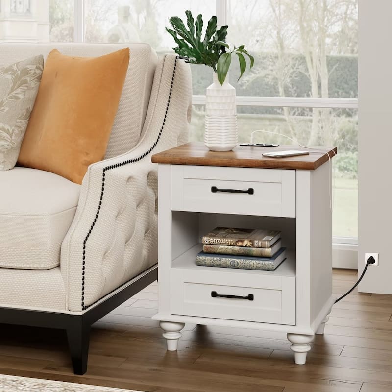 Mid Century End Table Nightstands with Charging Station & Drawer