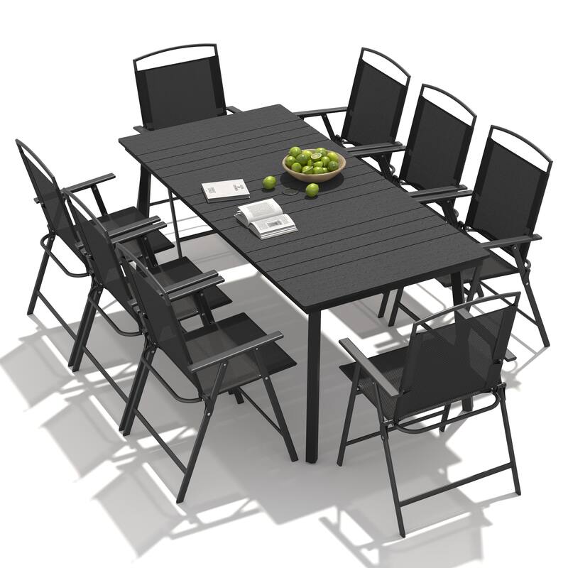 9-Piece Outdoor Dining Set Rectangle Patio Dining Table with Umbrella Hole and Folding Chairs