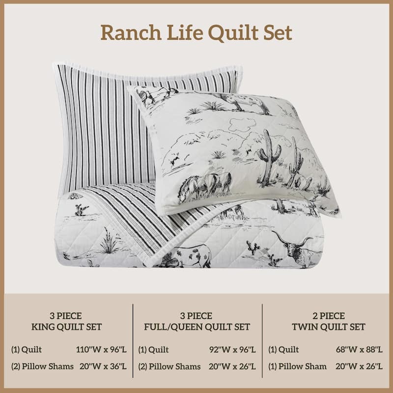 Paseo Road Ranch Life Western Cowboy White/Black 100% Cotton Rustic Toile Western Bedding 3 Piece Reversible Quilt Set