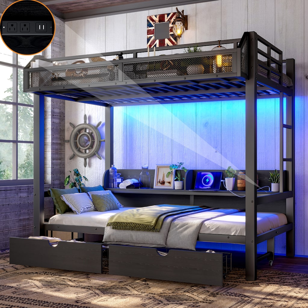 Twin over Twin Bunk Bed with Storage Shelves and Drawers, Multifunctional Metal Bunk Beds with USB Ports and LED Lights