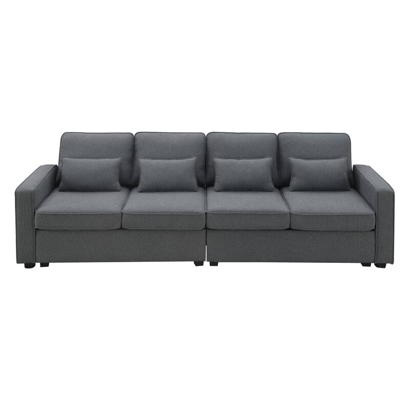 Modern 4 Seater Sofa with Sturdy Plastic Legs, Modern Linen Fabric Sofa with Armrest Pockets & 4 Pillows, Minimalist Style Couch