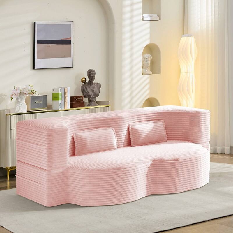Modern 78.7" Floor Sofa With 2 Pillows For Small Pace Living Room, Convertible Sleeper Sofa Bed - Baby Pink Corduroy