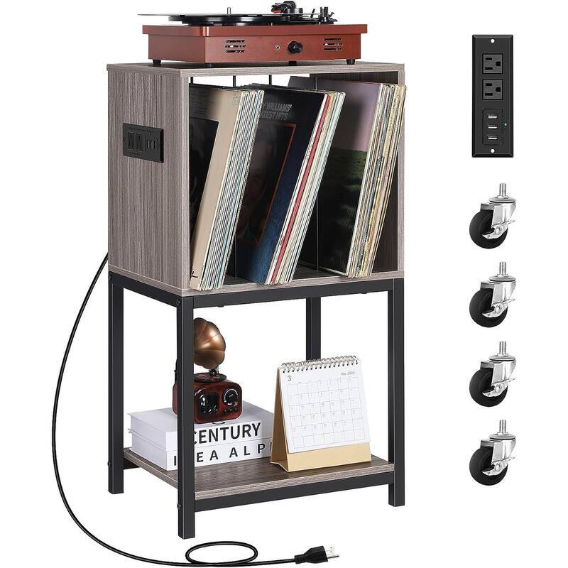 3 Tier Vinyl Record Storage Cabinet with Charging Station - Grey