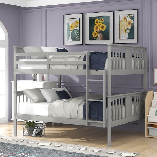 slide 2 of 25, Twin Over Full Bunk Bed w/Guarilrail & Ladder Wood Detachable Bedframe Gray - Full