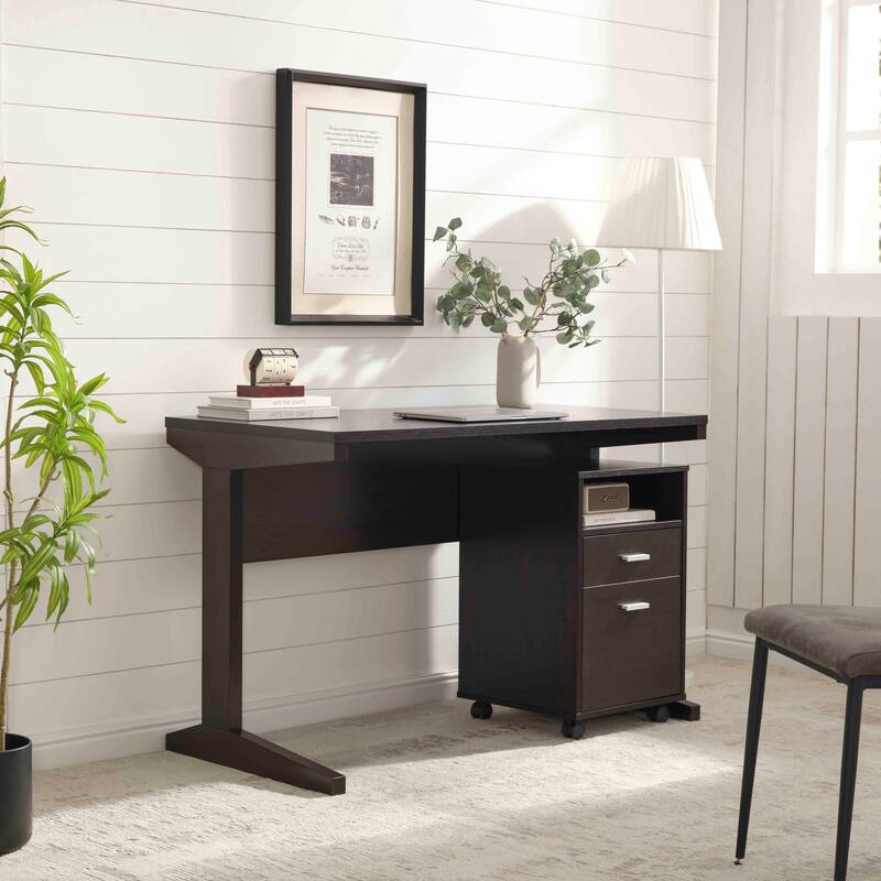 Home office desk with modesty panel and detached file cabinet on locking wheels with two drawer