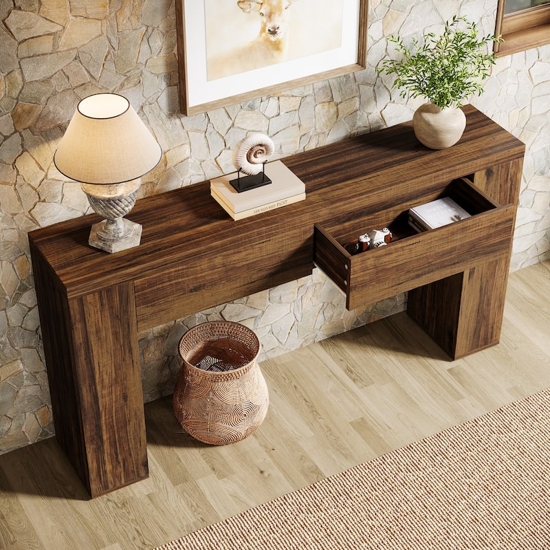 63-Inch Wooden Console Table, Farmhouse Rustic Brown Sofa Table