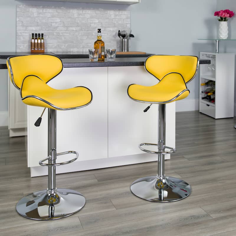 2 Pack Contemporary Mid-Back Vinyl Adjustable Height Barstool with Chrome Base - 16"W x 17.5"D x 34.5" - 43"H - Yellow