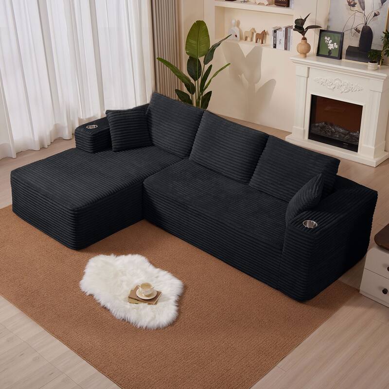102.76" Corduroy Cloudy L Shaped Sofa with Chaise and Pillows