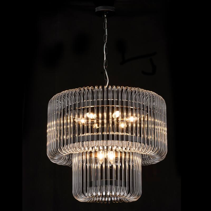 9-Light Modern Glam Drum Crystal Chandelier for Dining Room/Living Room 2-Tiered Round Chandelier Kitchen Island Pendant Light