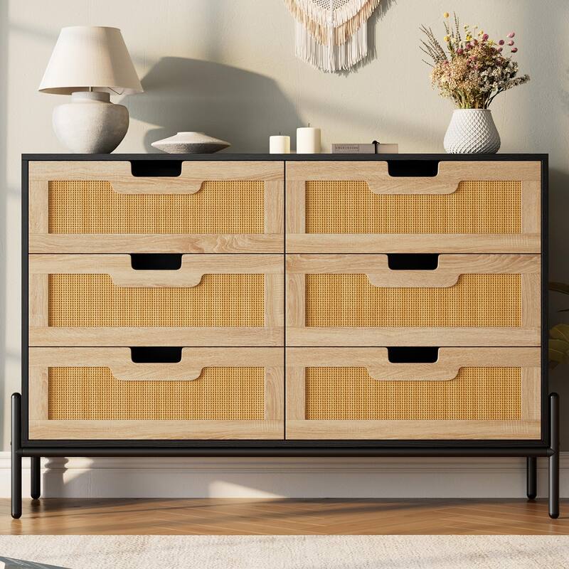 5/6 Drawer Dresser for Bedroom, Natural Rattan Modern Wooden Dresser, Farmhouse Storage Cabinet Chest