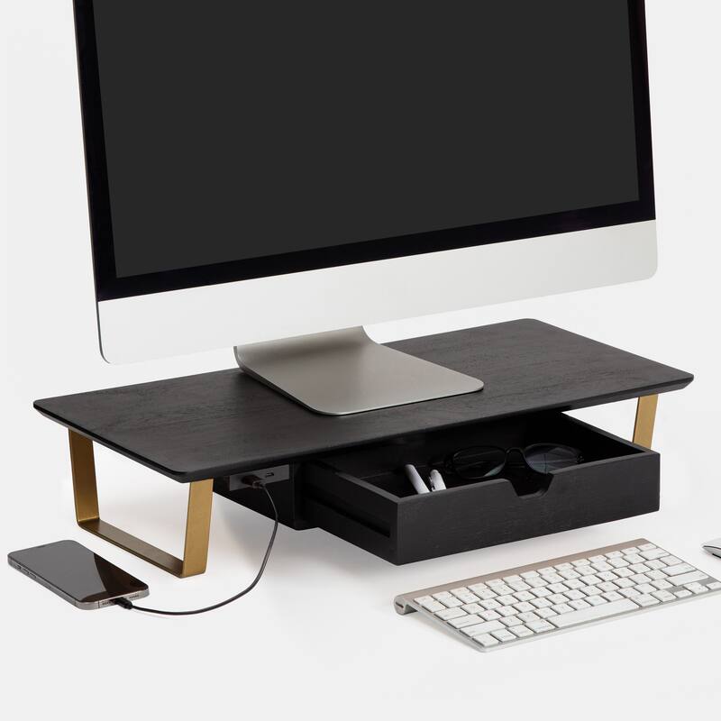 Jani Wood Monitor Stand Riser Desk - Ergonomic Design Stand, Desktop Organizer Table for Home, Office Workspace, Gaming Desk - Black