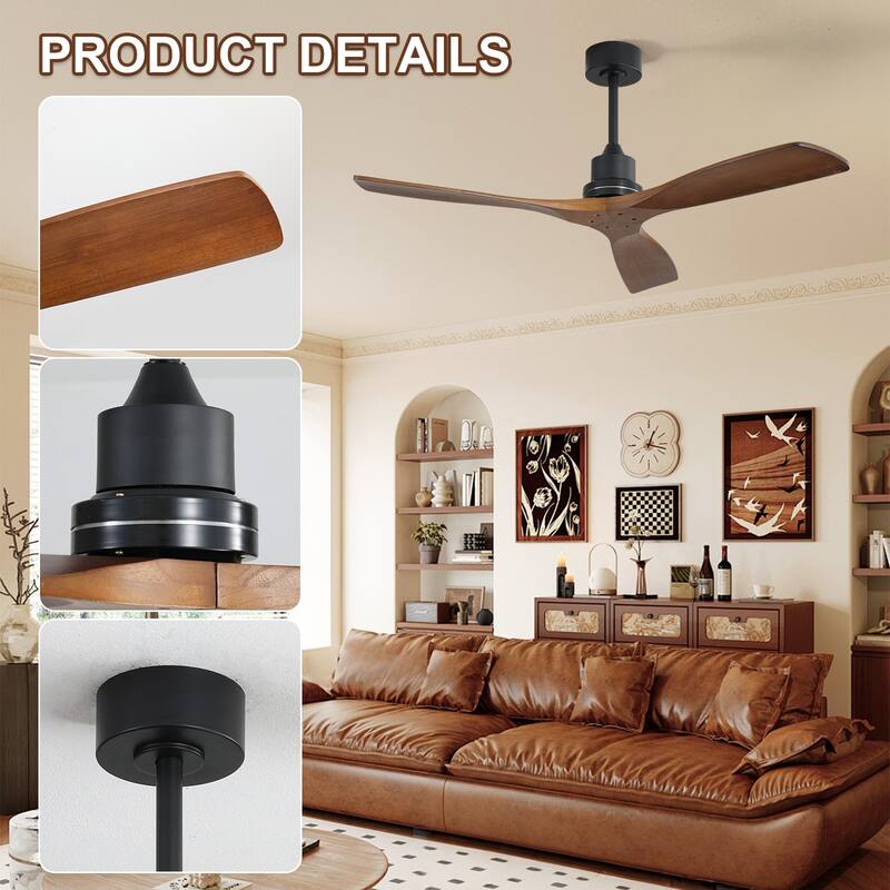 Sofucor 48/52 Inch Ceiling Fan with Light, Solid Wood Blades for Living Room, Bedroom,Smart Optional