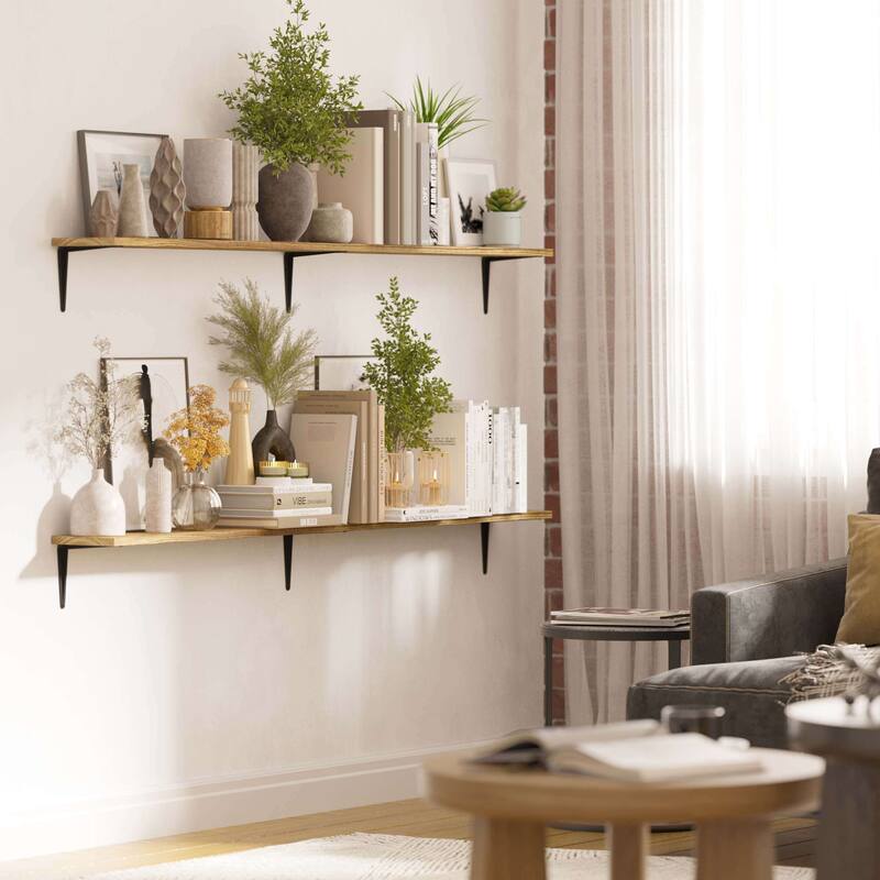 Wallniture Arras 60" Floating Shelves Set of 2, Burnt - Black Brackets