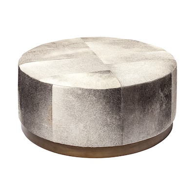 Zahavi Gray Hair-On-Hide w/ Gold Metal Base 36" Round Ottoman