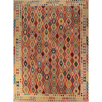 Reversable Kilim Oriental Area Rug Hand-Woven Wool Carpet - 10'3"x 13'0"
