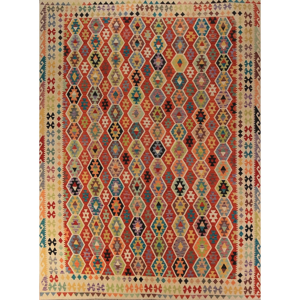 Reversable Kilim Oriental Area Rug Hand-Woven Wool Carpet - 10'3"x 13'0"