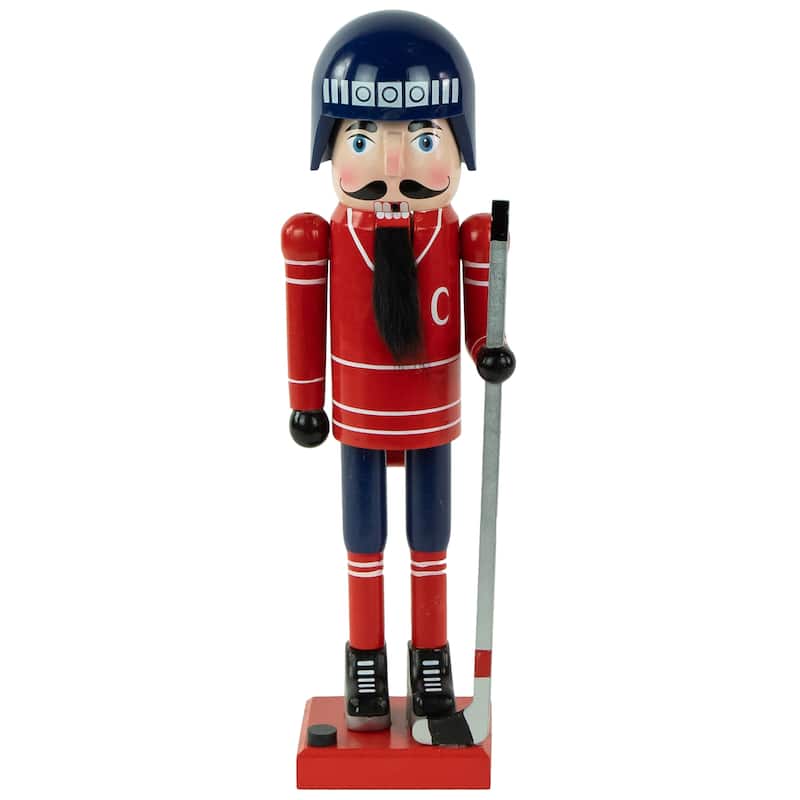 14" Blue and Red Wooden Christmas Ice Hockey Player Nutcracker