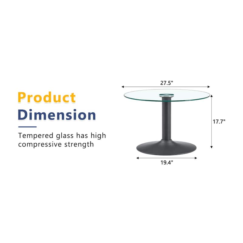Roomfitters 27.5-Inch Round Tempered Glass Coffee Table, Metal Base, Circular Center Table, Modern Minimalist
