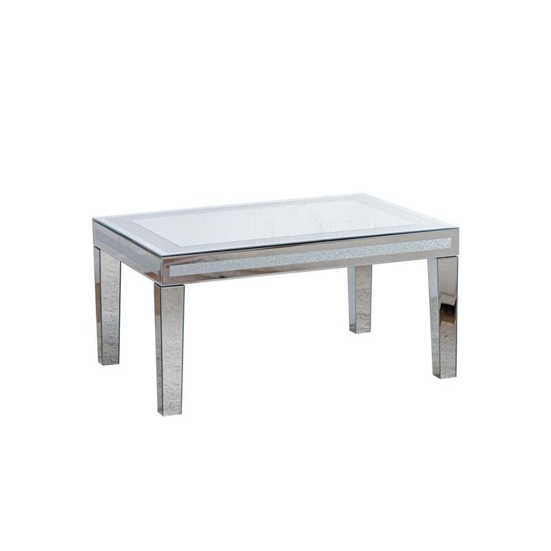 Silver Coffee Tables for Living Room with Dazzling Crushed Crystal Border, Clear Glass Rectangle Center Table