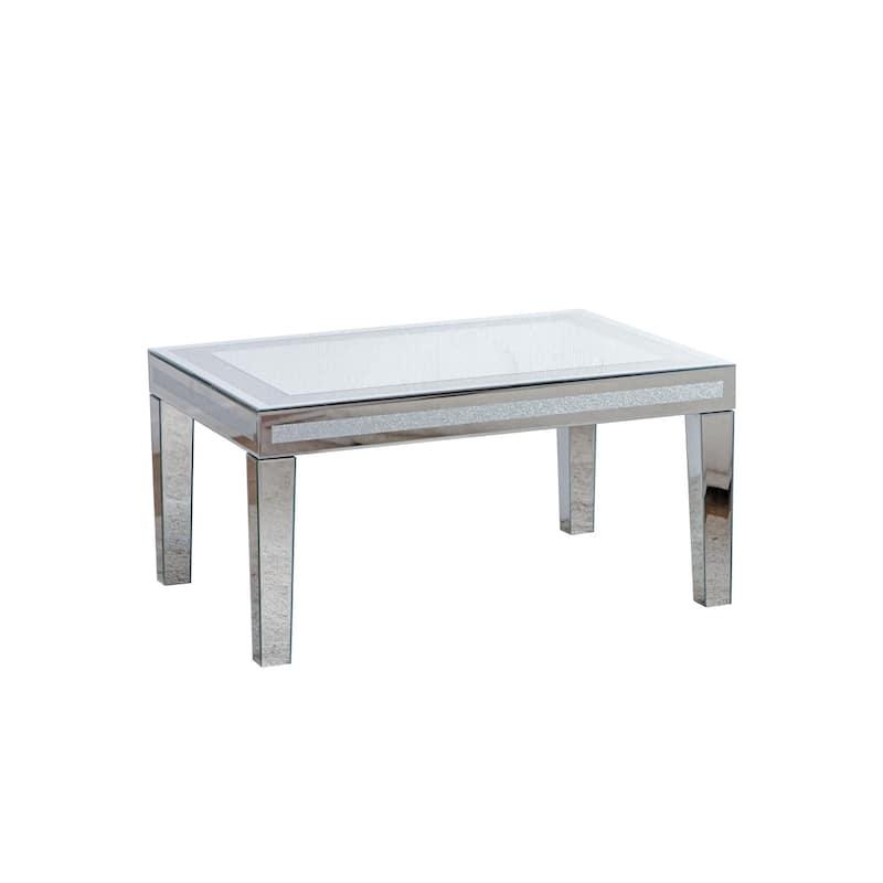 Silver Mirrored Coffee Table with Crushed Crystal Border, Clear Glass Rectangle Center Table for Living Room Luxury Accent Table