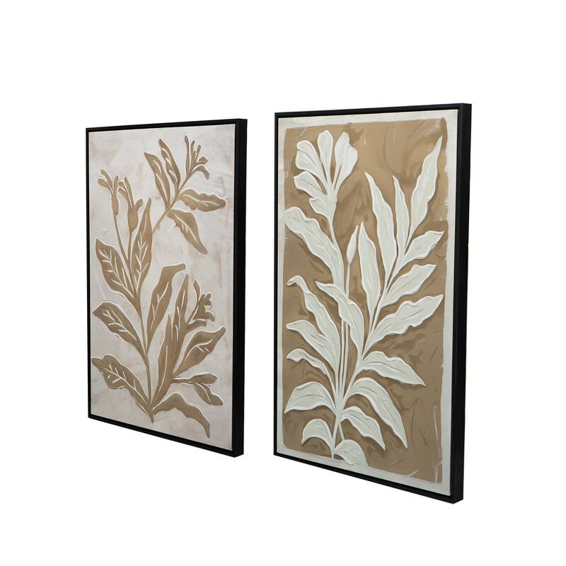 23.6x35.4" Brown and White Minimalist Leaf Paintings with Black Frame, Set of 2