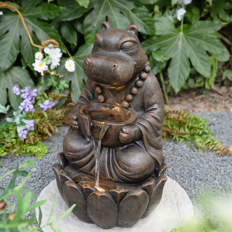 Glitzhome 21.75"H 2-Tiered Lighted Zen Style Frog Elephant Hippo Polyresin Outdoor Fountains