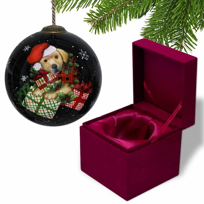 Christmas Puppy with Presents Hand Painted Mouth Blown Glass Ornament - 3"x 3" x 3"