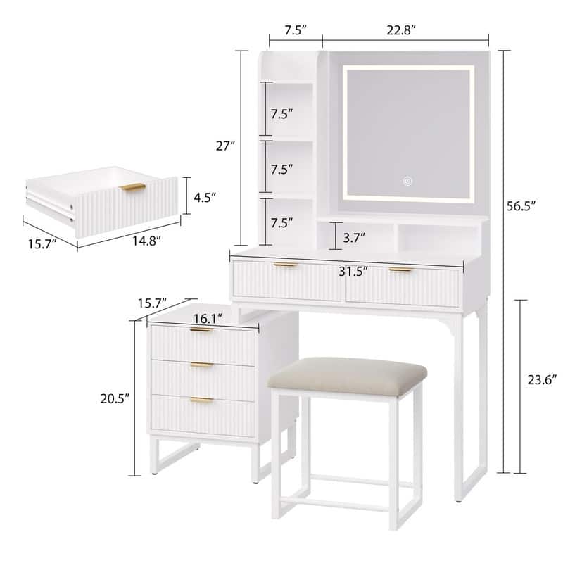 Vanity Desk with LED Mirror and Stool, Movable Side Cabinet, 5 Drawers,