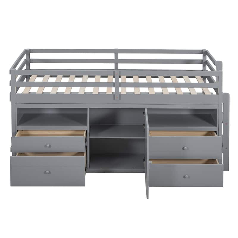 Space-Saving Twin Loft Bed with Drawers, Cabinet, and Shelves in Gray