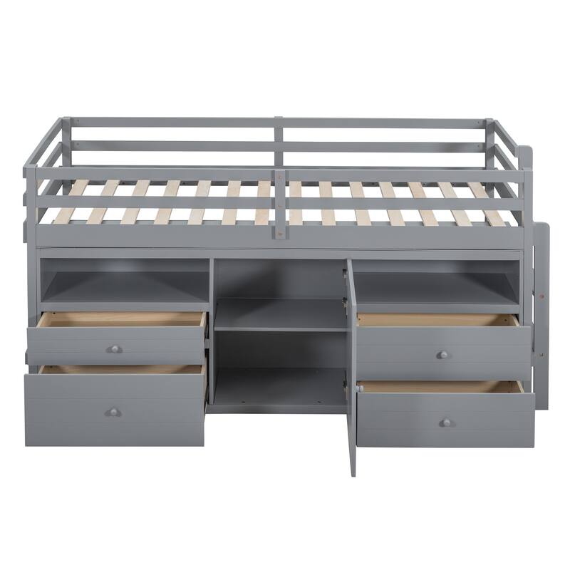Twin Storage Kids Loft Bed Full Length Guardrail Low Loft Bed with Cabinet and 4 Drawers Space-Saving Kids Bed Slat Support