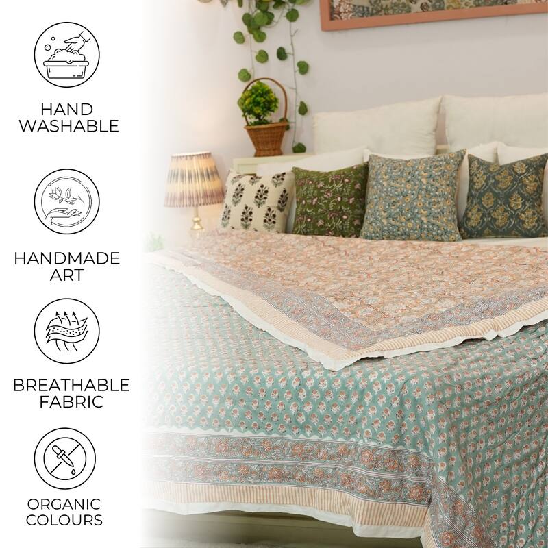 Fabdivine Luxury Hand Block Print Cotton Quilt Both Side Printed Green White Floral, Double-Sided Reversible Bedspread for Decor
