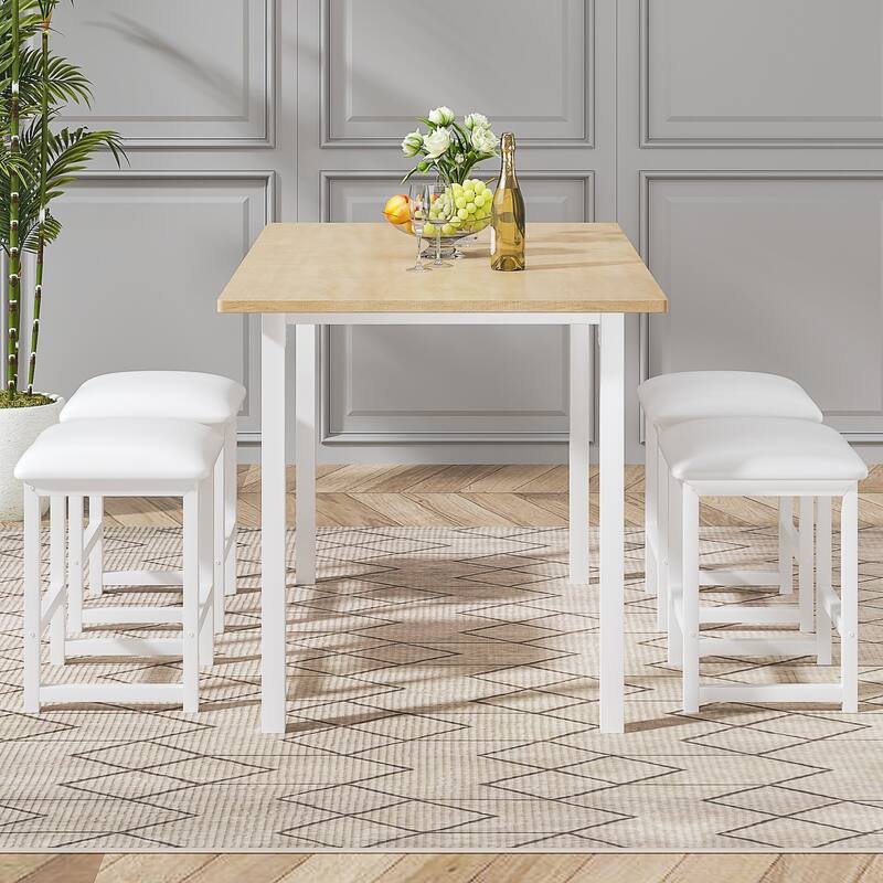 VECELO 5-Piece Dining Table Set with Black PU Leather Stools Space-Saving Rectangle Dining Set for Small Spaces Apartments