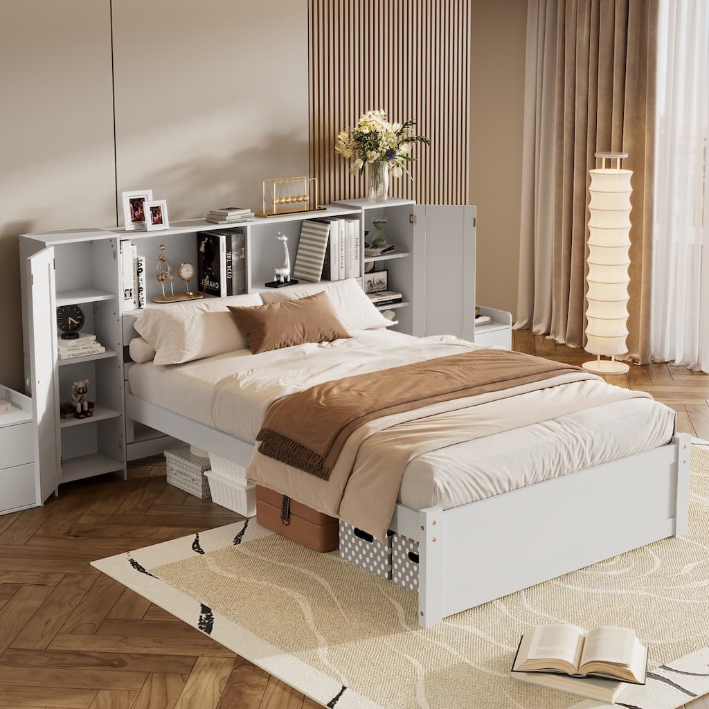 White Size Platform Bed Storage Bed Frame with Bookcase Headboard and 2 Side Locker, 2 Storage Shelves, Storage Underneath, Grey