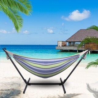 Portable Green Blue Striped Polyester Hammock Set