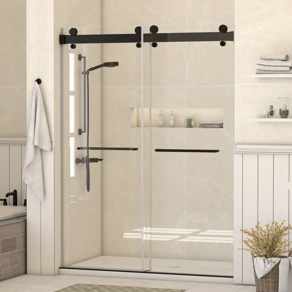 Double Sliding Door Soft-Closing System Frameless Corner Shower Enclosure in Matte Black 5/16 in.Tempered Glass