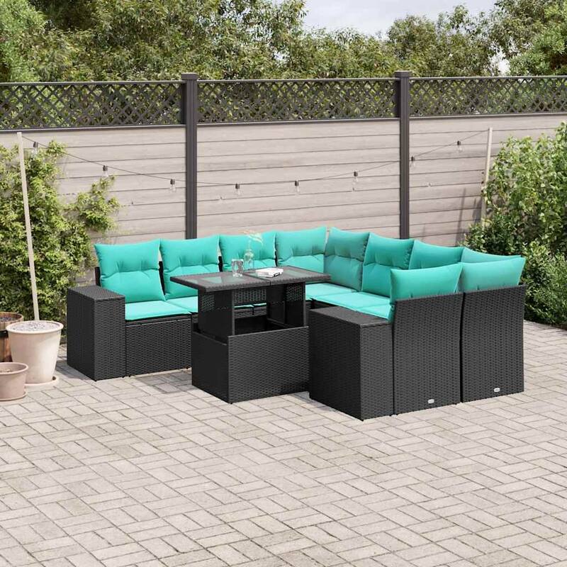 vidaXL Patio Sofa Set with Cushions Table and Couches 9 Piece Poly Rattan - 24.4 x 24.4 x 27.2 - Black without storage