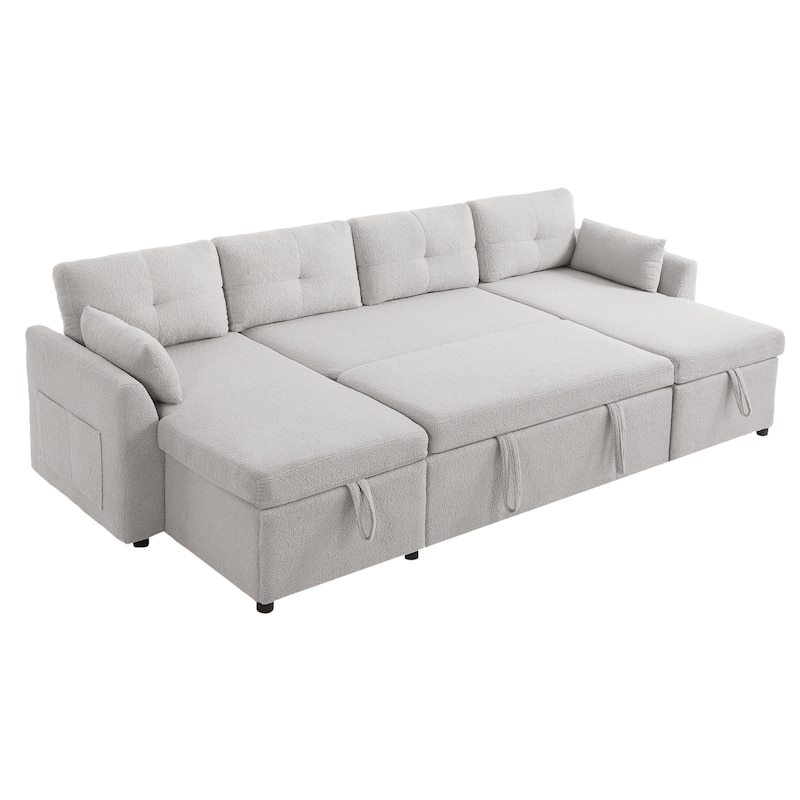 Teddy Fabric Sectional Sofa Convertible Sleeper Sofa Modern U-Shaped Couch Dual Storage Chaise Lounge with Pockets and USB Ports