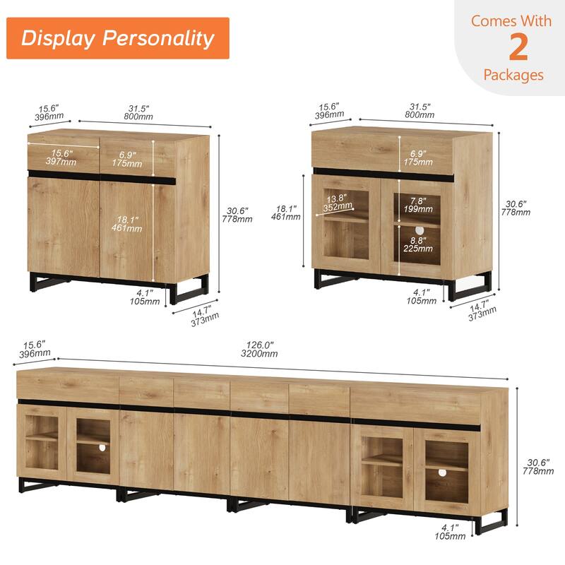 4 in 1 Sideboard Buffet Cabinet with 2 Glass Doors & Drawers, Adjustable Shelf, Metal Base for Living Room, Kitchen