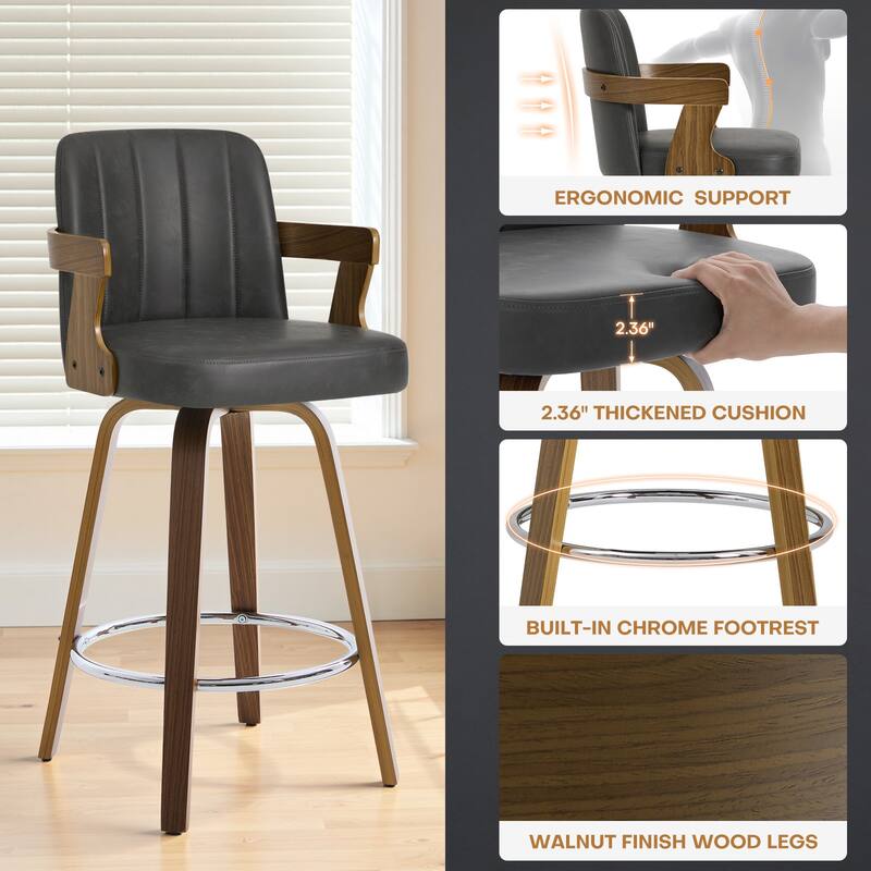 Upholstered Wood Swivel Counter Height Barstool with Arms - 37.8"H x 18.7"W x 19.29"D