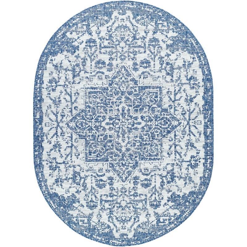 Livabliss Eagean Updated Traditional Medallion Indoor / OutdoorArea Rug - 6'7" x 9' Oval - Blue