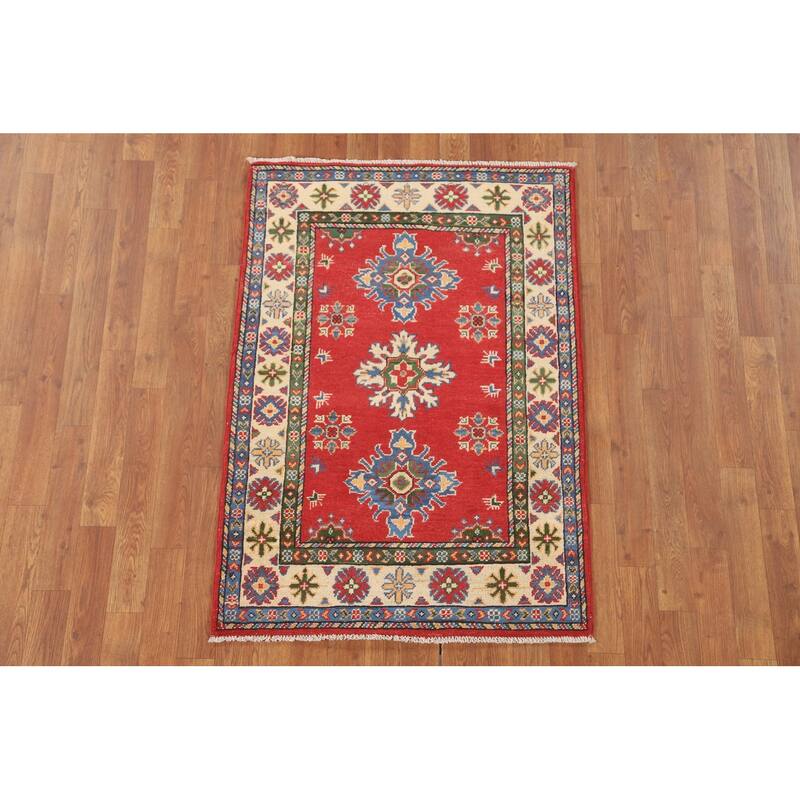 Geometric Red Kazak Oriental Accent Rug Handmade Wool Carpet - 2'10" x 4'2"