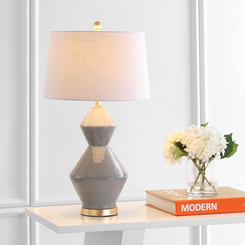 Astor 29" Geometric Ceramic/Metal LED Table Lamp, White/Gold Leaf by JONATHAN Y - Gray