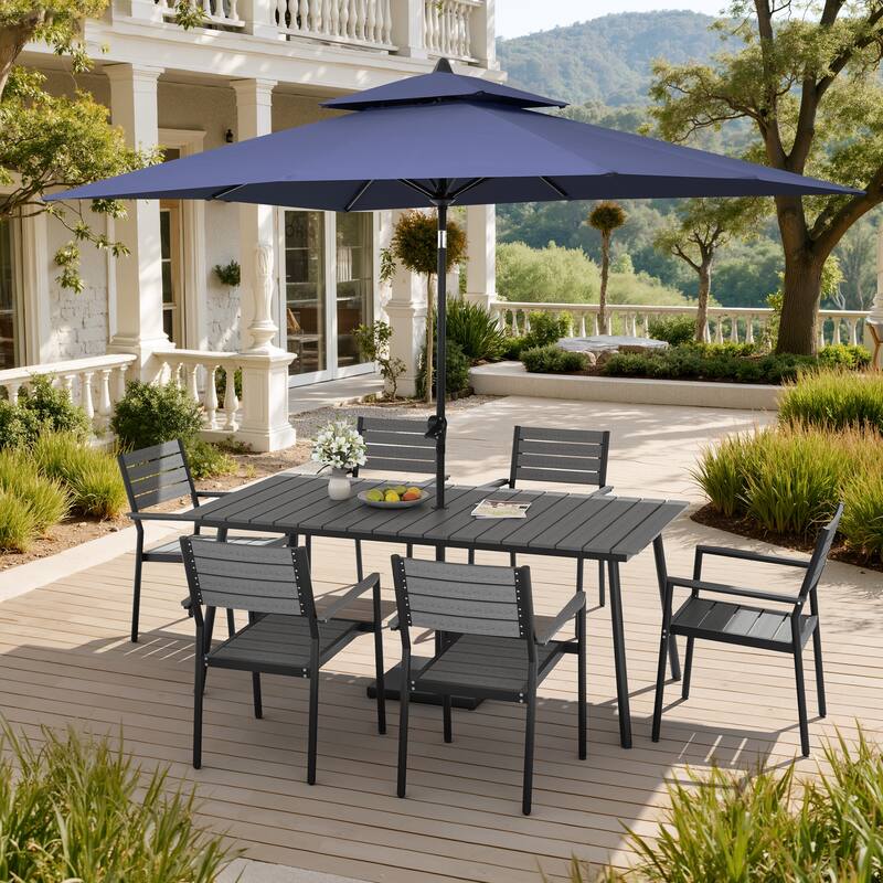 9PC Outdoor Patio Dining Set Aluminum Table with Stackable Armchairs w/ Market Umbrella Set - GreyTable&GreyChairs&NavyBlueUmbrella
