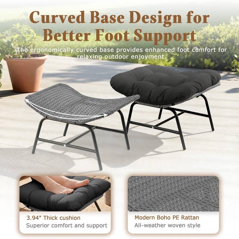 2-Piece Outdoor Wicker Ottomans with Cushions, Weather-Resistant Boho Patio Rattan Footrests for Garden, Porch, and Balcony