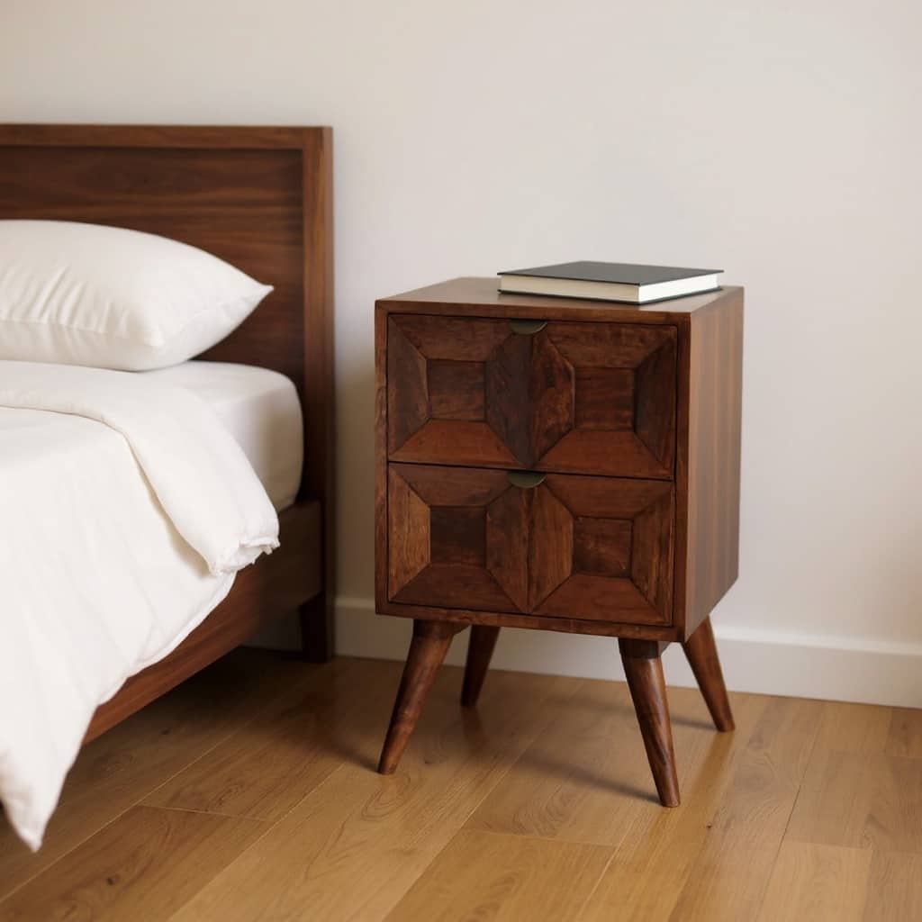 HomeRoots 24" Chestnut Solid Wood Square Carved Geometric Two Drawer Nightstand