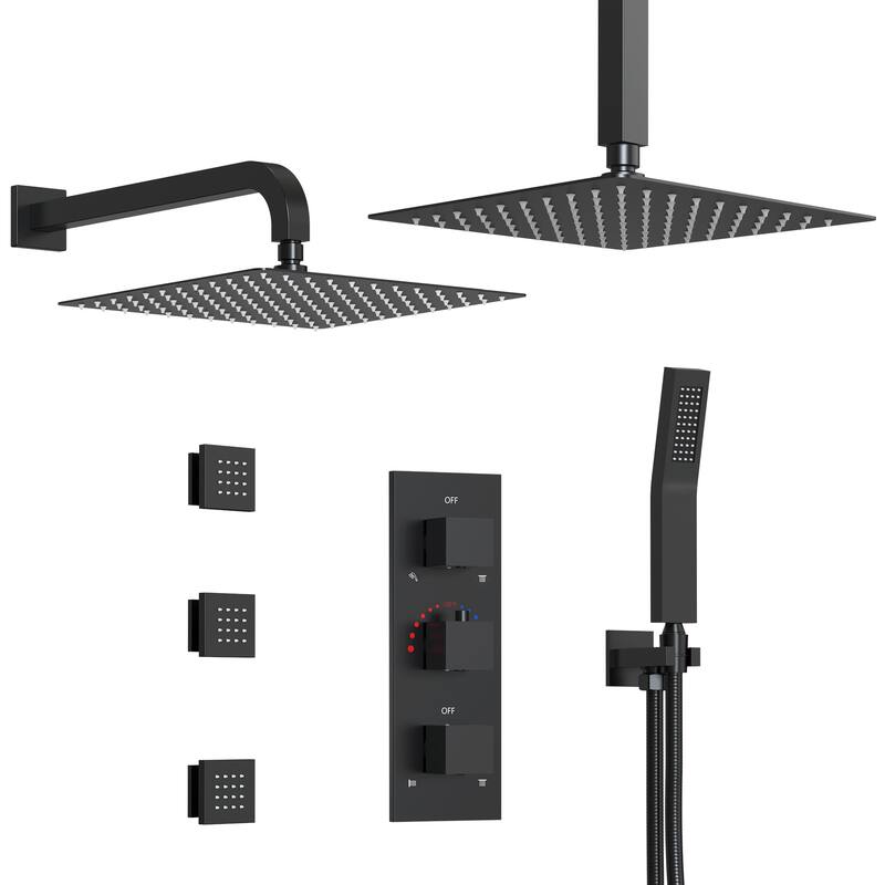 Thermostatic Faucet System 12" Dual Showerheads with 3 Body Jets and Rough-In Valve