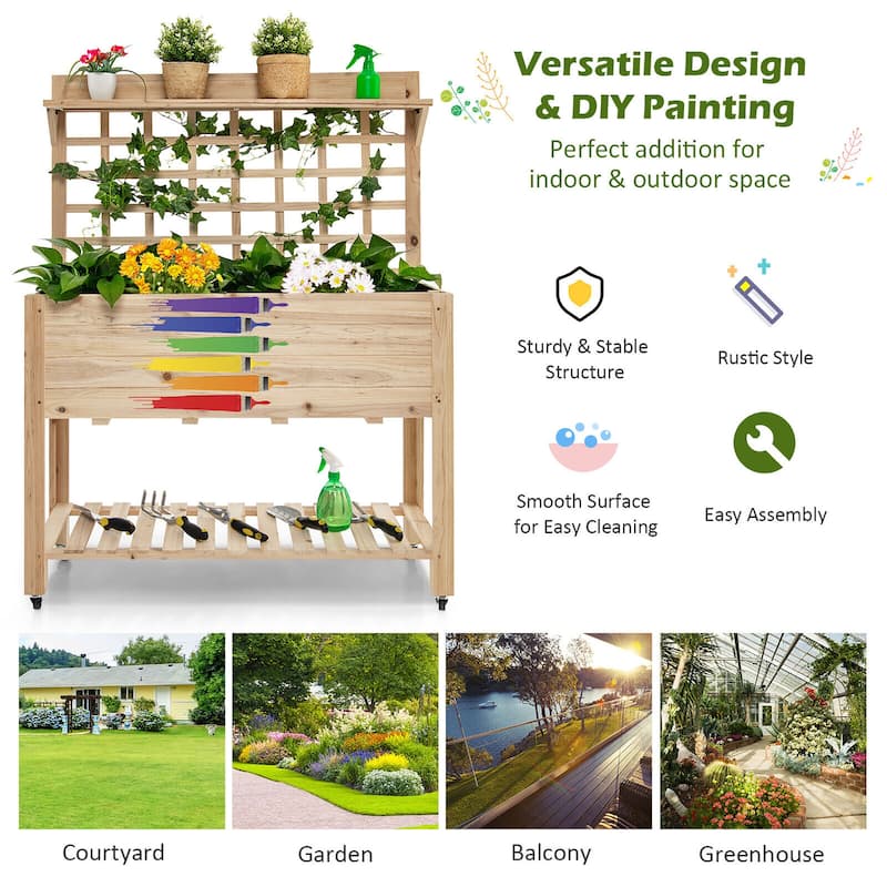 Gymax Raised Garden Bed Mobile Elevated Wooden Planter Box w/ Wheels
