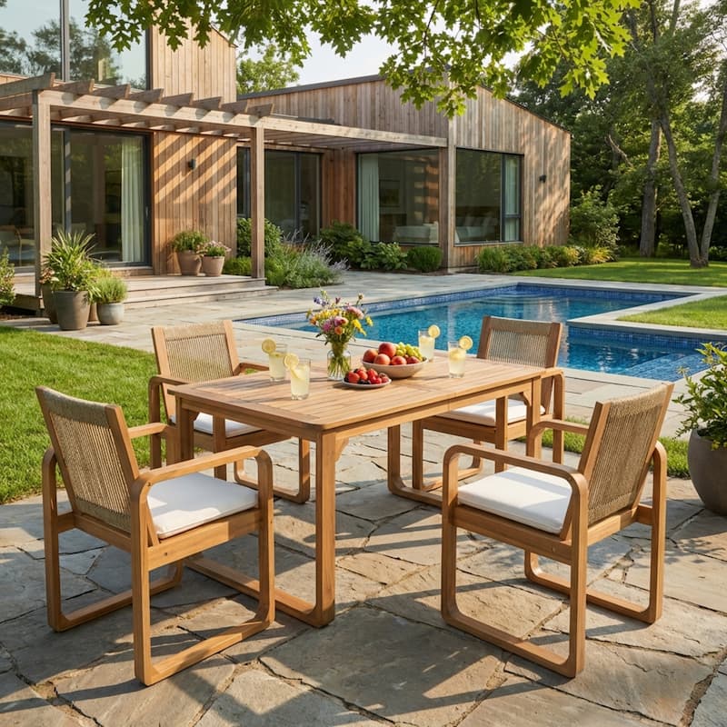 Christopher Knight Home - Ronan Outdoor Acacia Wood Dining Set with Rope Back Chairs & Curved Leg Dining Table, Teak Finish - 5-Piece Set + Beige Cushion