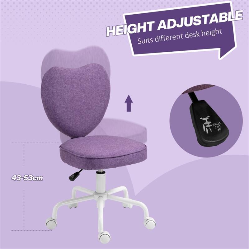 Purple Heart-Shaped Office Chair Linen Fabric Swivel Adjustable Seat Height for Home or Dorms - 15.75" W x 19.75" D x 31"-35" H
