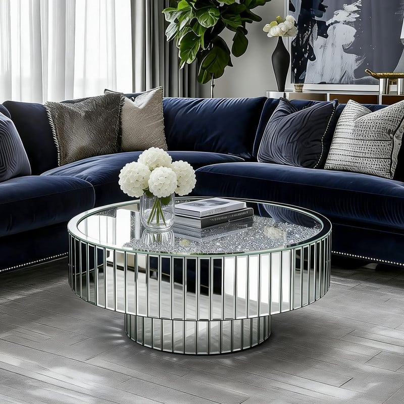 Round Mirrored Coffee Table Accent Table with Crushed Diamond